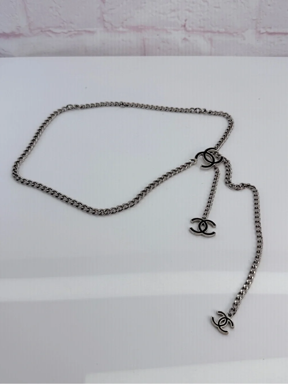 Chanel Vintage A12 Enamel Black Silver Metal Waist Chain Neck Chain